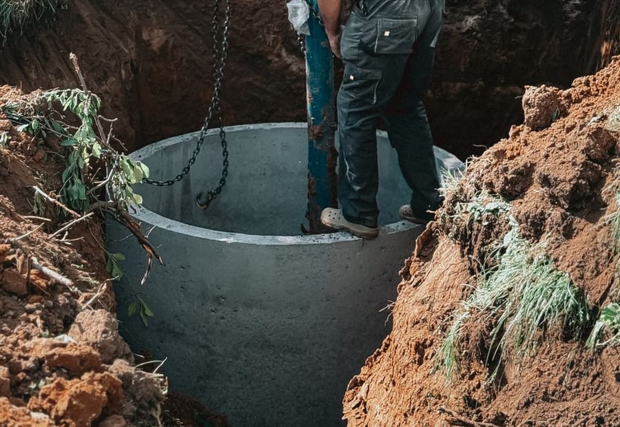 Inspector checking an open septic tank and pump chamber on a rural Olmsted County property near Rochester, Minnesota